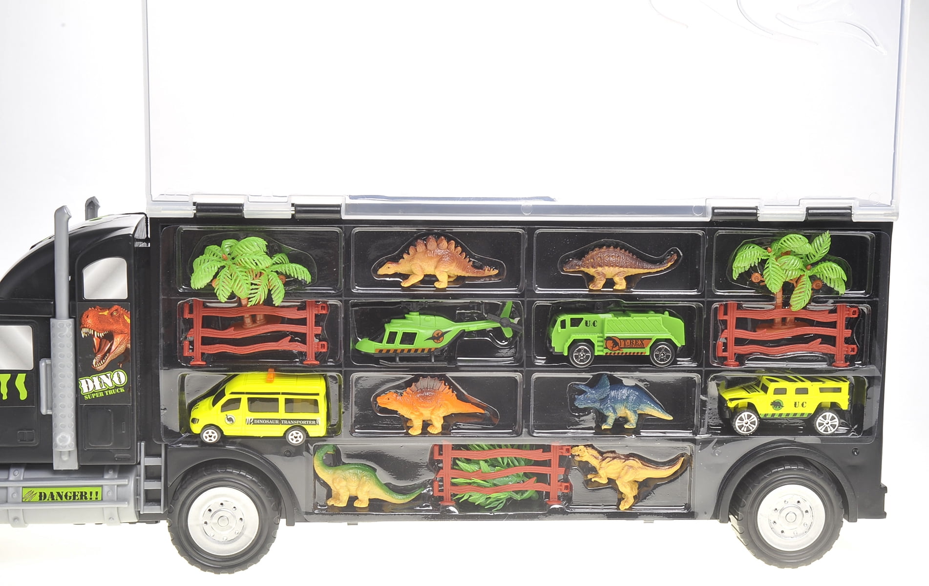 Prehistoric Past 22" Transport Dinosaurs Car Carrier Truck Toy Includes Dinosaur Toys, Cars and Helicopter - Black