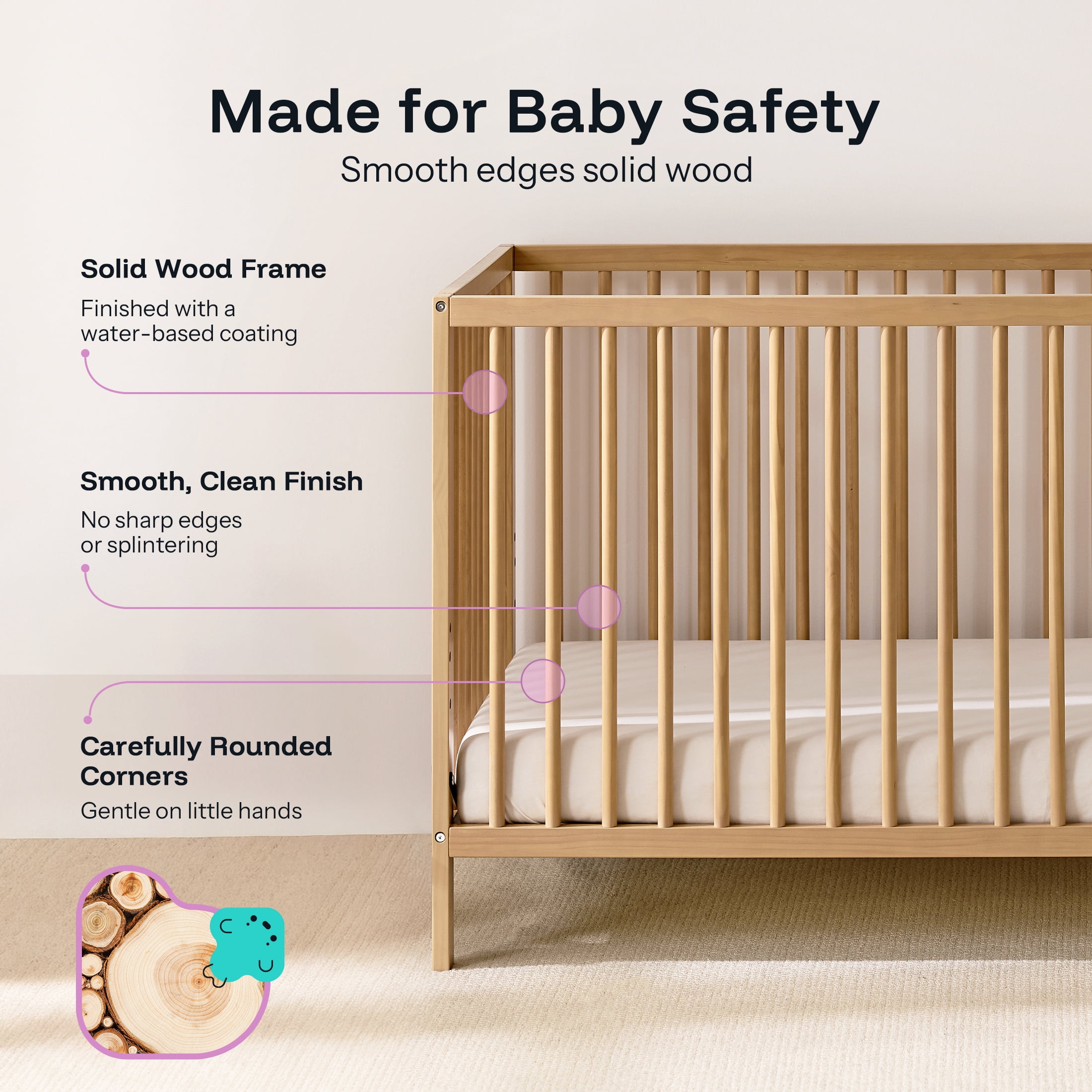 Harppa Convertible Baby Crib for Infant to Toddler,Natural,Greenguard Gold Certified