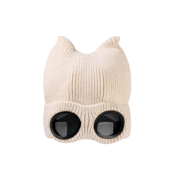 PRINxy Women’s Ribbed Knit Beanie Built-In Cartoon Goggle Panel Cuffed Wind Resistant Warm Headwear for Ski Trips & Outdoor Adventures Beige