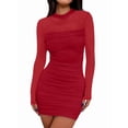 thumbnail image 2 of Women'S Mesh Sheer Long Sleeve Ruched Mini Dress Bodycon Mock Neck Cocktail Party Club Dresses Red XL, 2 of 9