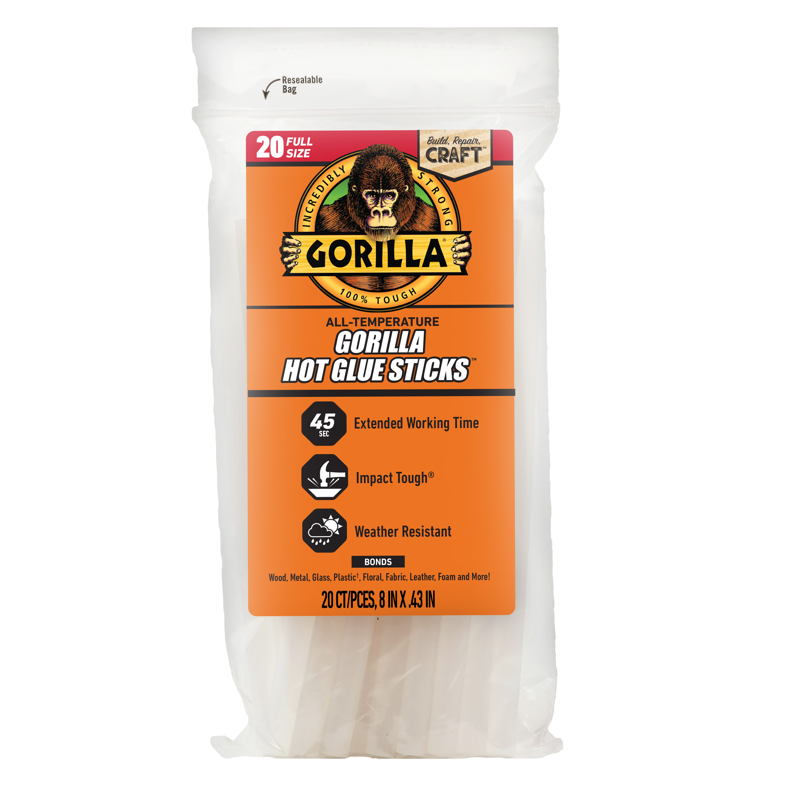 Gorilla Glue Clear Hot Glue Sticks, 20 Count