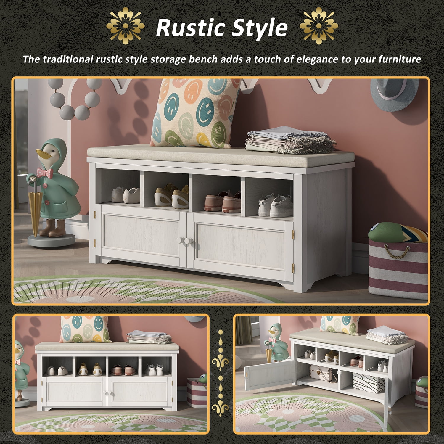 Kadyn Rustic Style Two-Door Storage Bench, Shoe Entryway Bench with Linen Upholstered Top Cushion, Pine Organizer Footrest Bench Ottoman for Entryway, White Kadyn Rustic Style Two-Door Storage Bench, Shoe Entryway Bench with Linen Upholstered Top Cushion, Pine Organizer Footrest Bench Ottoman for Entryway, White