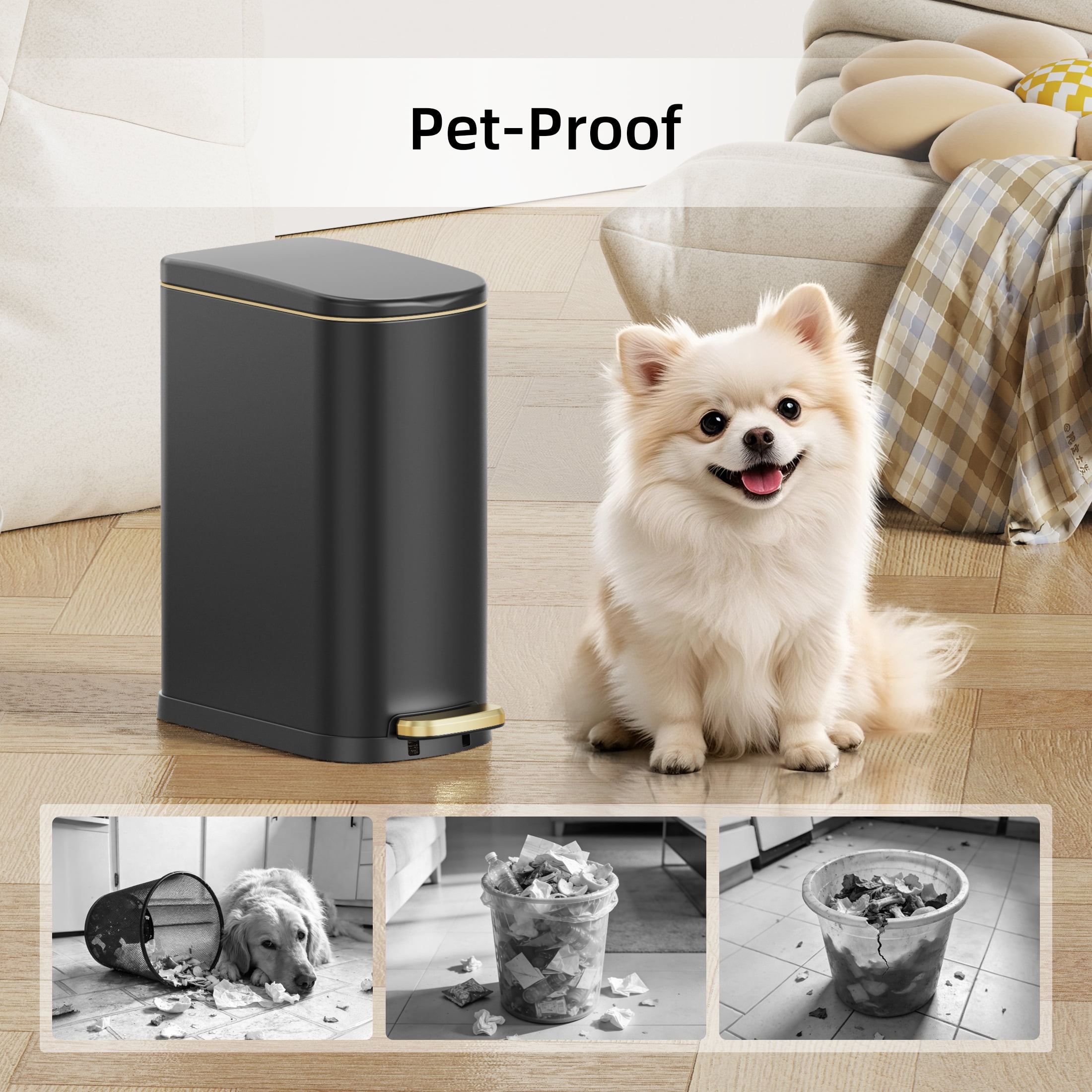 KSSKSS 2.6 Gallon/10L Slim Stainless Steel Bathroom Trash Can with Soft Close Lid, for Narrow Spaces,Bathroom, Bedroom (Black)