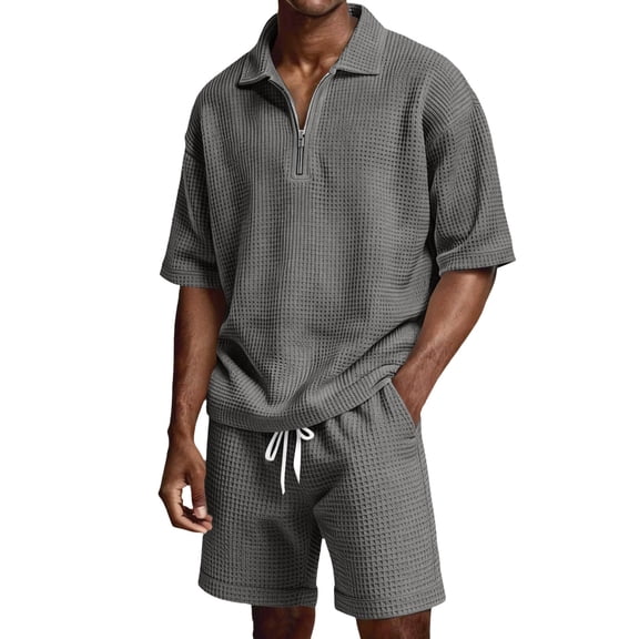JAJAHO Mens Short Set Summer 2 Piece Outfits Waffle Short Sleeve Quarter Zip Collared Loose Fit T Shirt Comfortable Drawstring Shorts Jogging Suit Stylish Outfit
