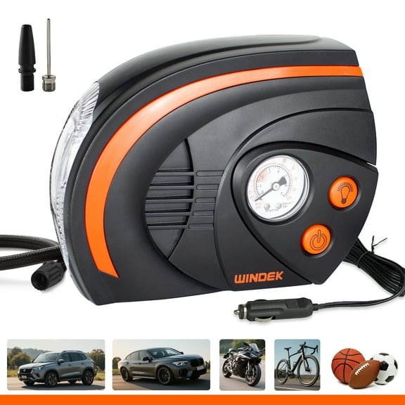 Windek Tire Inflator, 12V Portable Air Compressor, High-Speed 120psi, LED Light, 23.6 in Hose & 118.1 in Cord for Cars, Bikes, Camping (Drivers, Cyclists, Home Use)