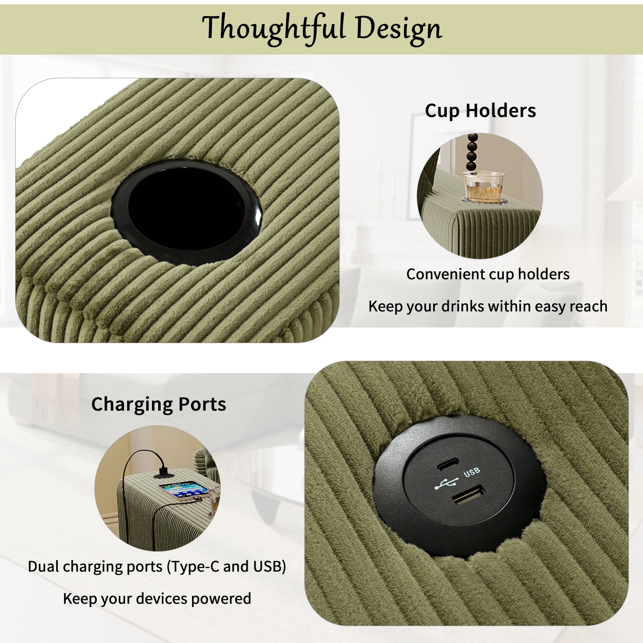 Christopher Knight Home Modern L-Shaped Sectional Sofa with Cup Holders & Charging Ports, Green