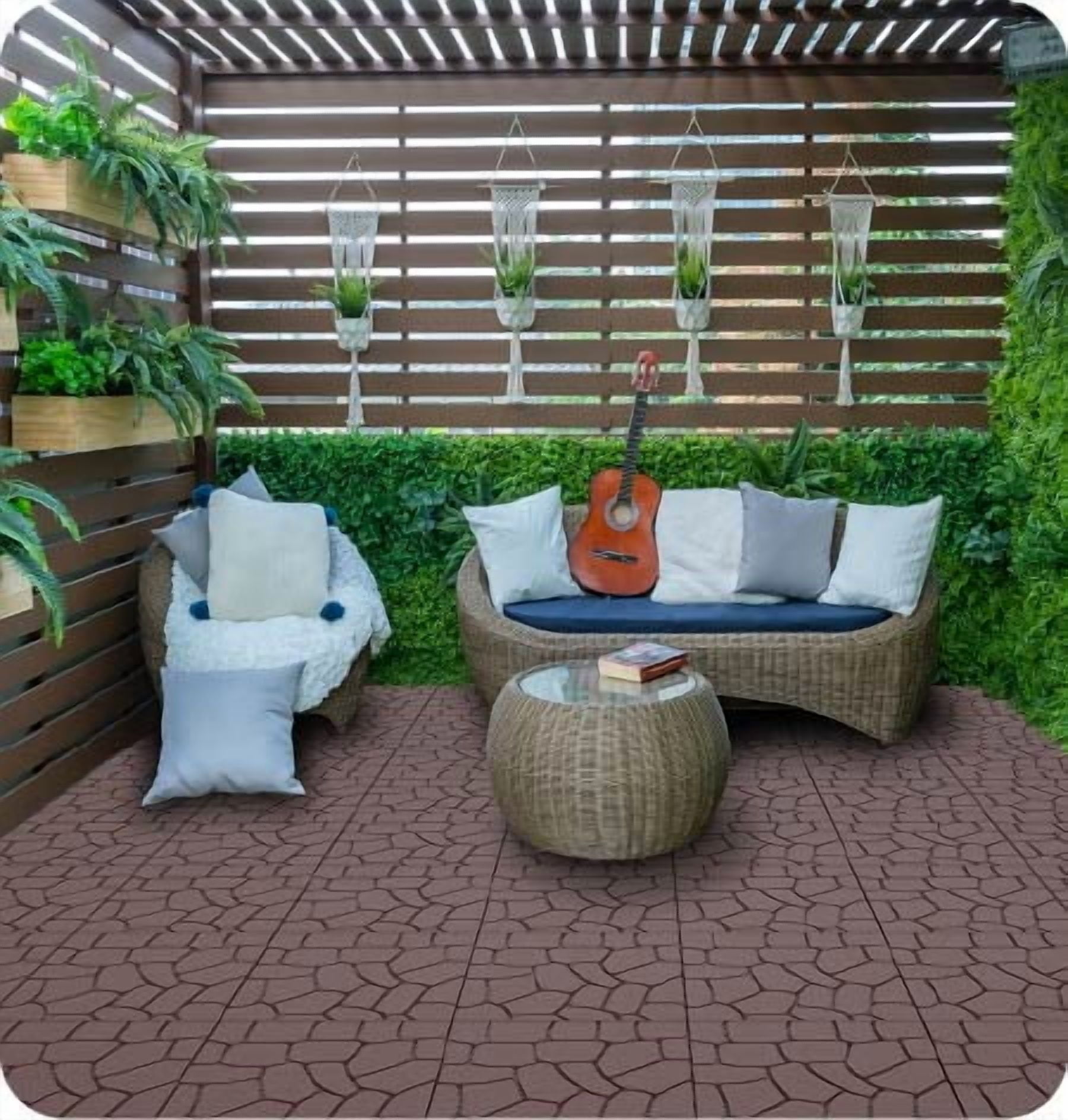 12" Patio Deck Tiles 44pcs Brown, DIY Module Interlocking Decking Tiles, Easy Quick Installation Court Tiles, PP Material Weather Fade Resistant for Porch Poolside Balcony Backyard Indoor Outdoor Use