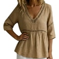 thumbnail image 2 of Women's V Neck T Shirts 3/4 Sleeve Blouse Summer Tops Dressy Casual Loose Fit Basic Tees by Yigetop Khaki L, 2 of 6