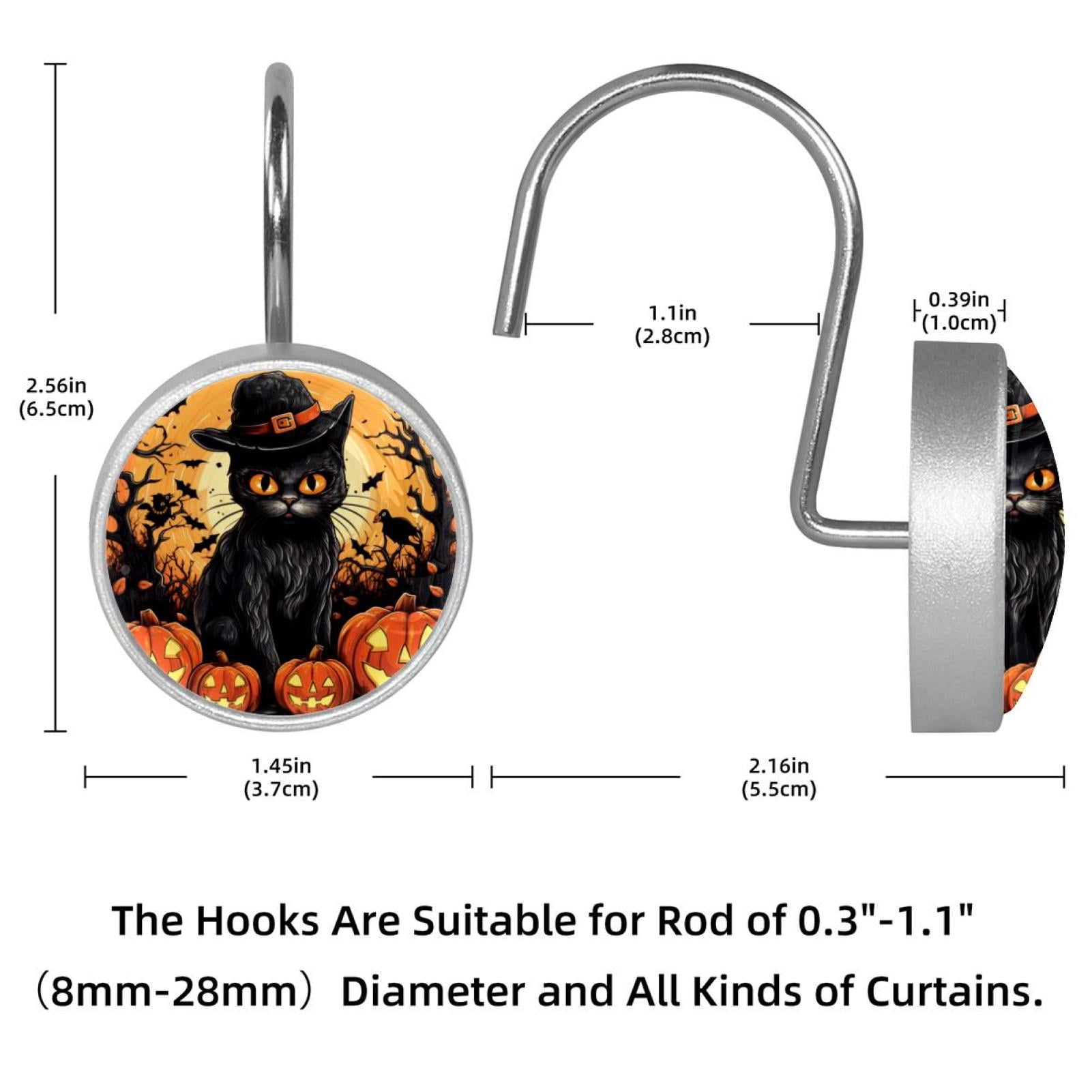 12pcs Decorative Shower Curtain Hooks, Rust Resistant Shower Rings for Bathroom Living Room,Rustproof Stainless Steel Rings for Shower Curtain and Liner Rods,Halloween Black Cat
