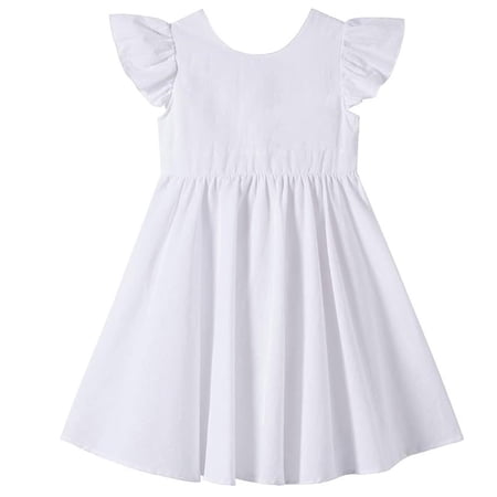BLTIBY Girls Cute Summer Cotton Dress Flutter Ruffle Sleeve Dresses Casual High Waisted A Line Flowy Beach Sundress White 2-3 Years