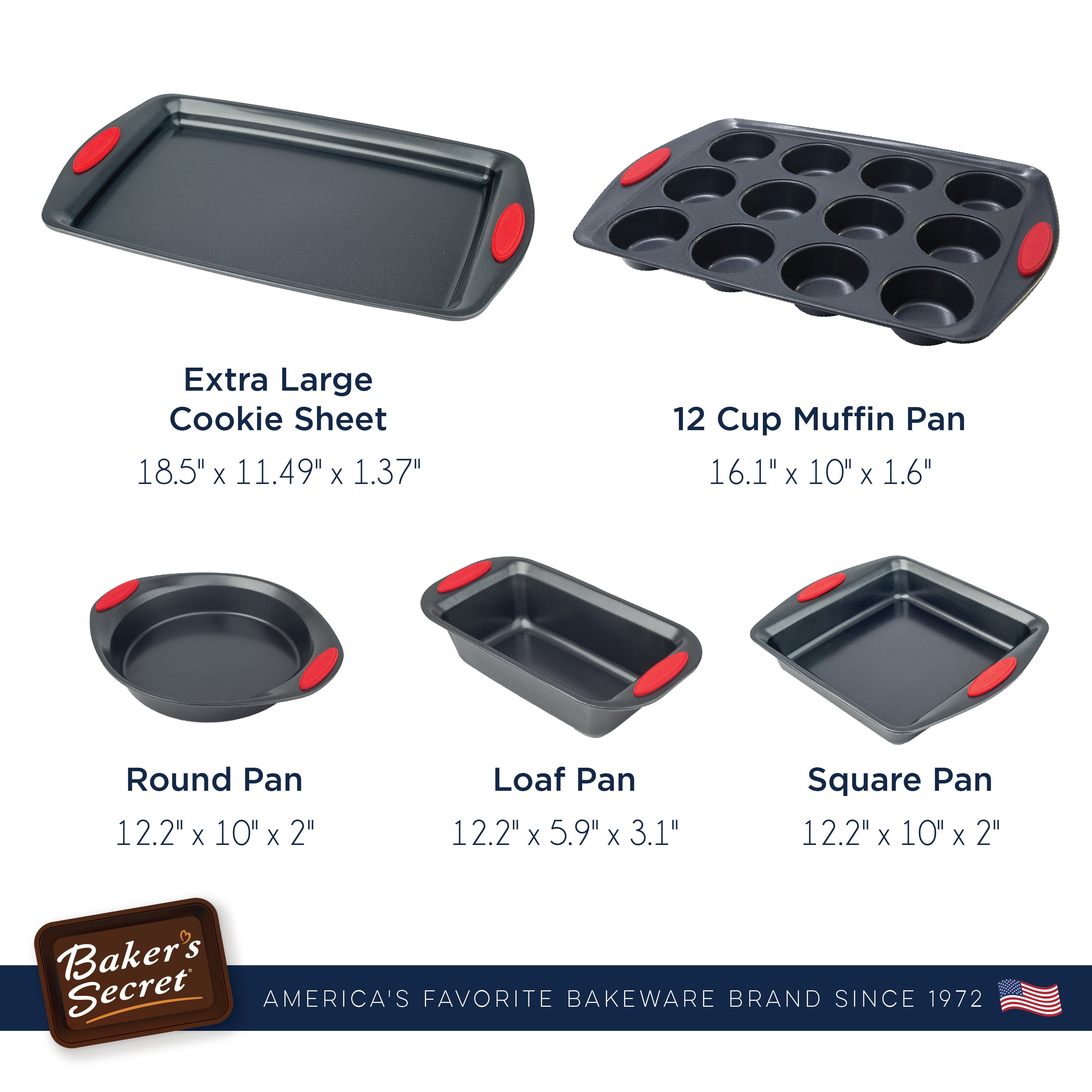Baker's Secret Bakeware sets - 5x Bakeware Pans -Baking Dishes for Oven, Nonstick, with Cookie Sheet, 12cup Muffin pan, Loaf pan, Cake round and square pan, Non stick baking pans sets for all bakers