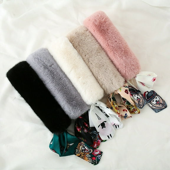 Women Winter Faux Rabbit Fur Collar Leopard Print Ribbon Tied Bow Scarf Warm