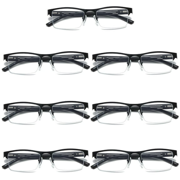 7 PK Mens Reading Glasses Spring Hinge - Square Metal Half-Frame - Blue Light Blocker Readers  0.75