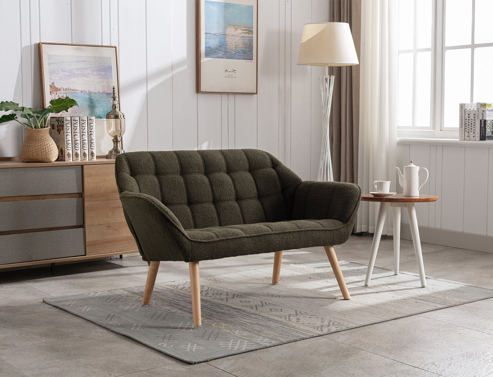 Guyou Small Loveseat Sofa, Modern Sherpa 2-Seater Mini Sofa Couch with Quilted Back and Armrests, Cute Accent Chair with Wooden Legs for Living Room Bedroom Apartment, Green