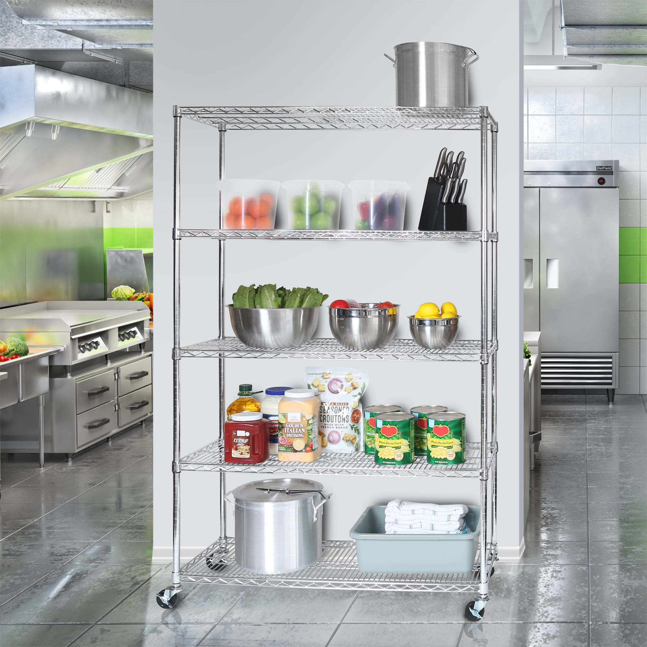Seville Classics UltraDurable Commercial-Grade 5-Tier NSF-Certified Steel Wire Shelving with Wheels, 48" x 18", Chrome