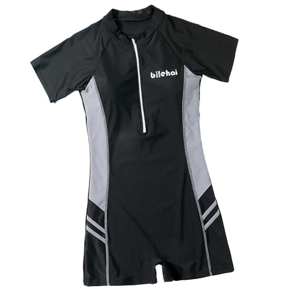 Traje de baño de manga corta para mujer, traje de baño con cremallera frontal, ropa de playa de moda para nadar negro gris