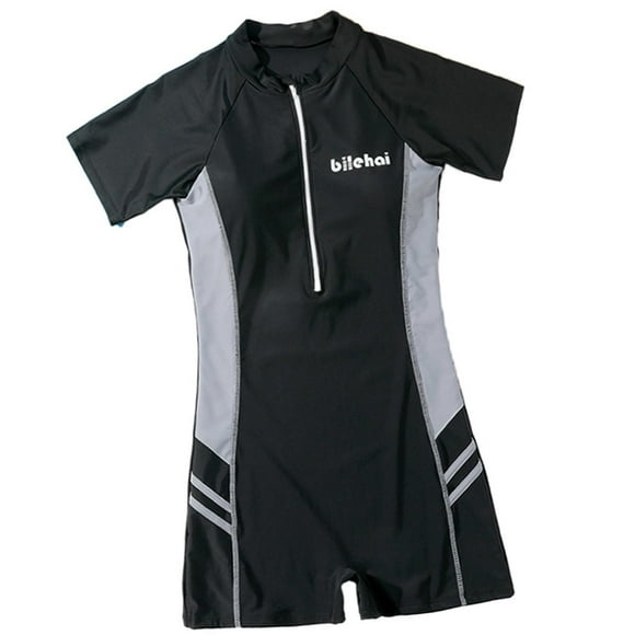 Traje de baño de manga corta para mujer, traje de baño con cremallera frontal, ropa de playa de moda para nadar negro gris