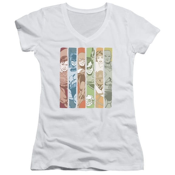 DC Comics Justice League Columns Junior Women's V-Neck T-Shirt White