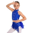 thumbnail image 2 of Doomiva Kids Girls Rhinestone Dance Crop Top and Tassel Feather Briefs Skirt 2 Piece Ballet Gym Latin Jazz Dance Outfit Royal Blue 12, 2 of 7