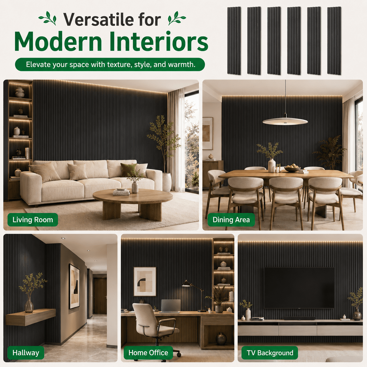Yeslife 6 pcs Slat Wall Panels, 94.49 x 7.44 in, Matte Black MDF, 3D Decorative Design for Interior Walls and Ceilings