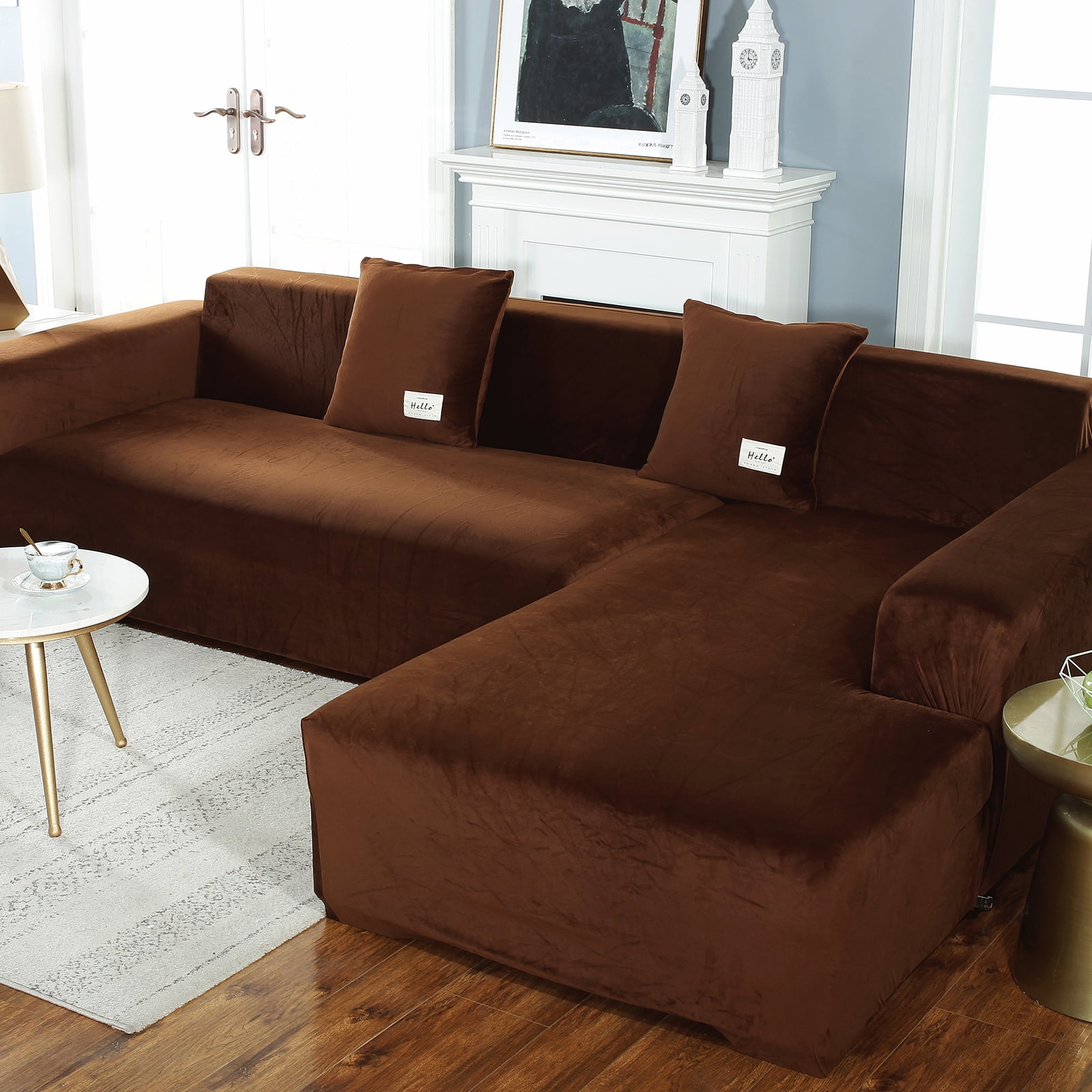 Eurhowing Velvet L-Shaped Sectional Sofa Cover with 4 Pillowcases, Stretch Soft Couch Slipcovers 3 Seater+4 Seater, Sofa Furniture Protector, Coffee