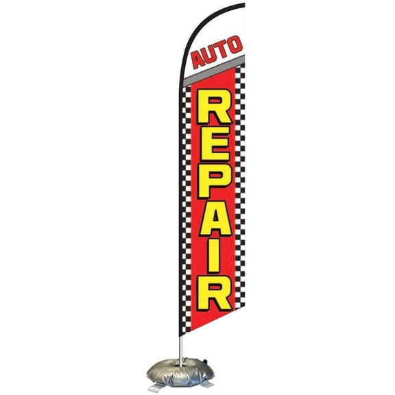 Auto Repair Feather Flag Kit with Cross-Base and Weight-Donut, Outdoor Advertising Banner Swooper Flag, Checkers Design