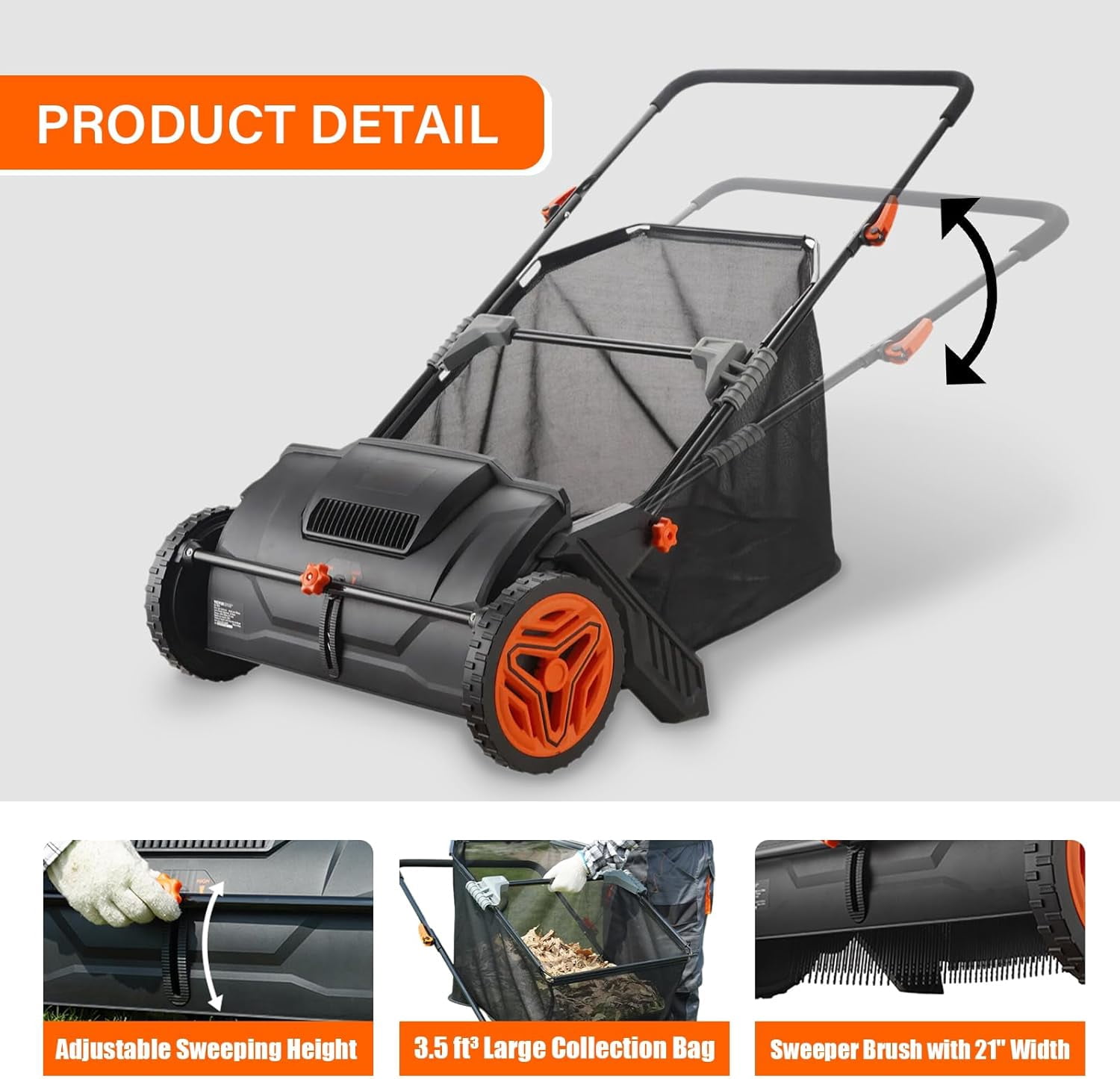Push Lawn Sweeper, 21-inch Leaf & Grass Collector, Strong Rubber Wheels & Heavy Duty Thickened Steel Durable to Use with Large Capacity 3.5 cu. ft. Mesh Collection Hopper Bag, 2 Spinning Brushes