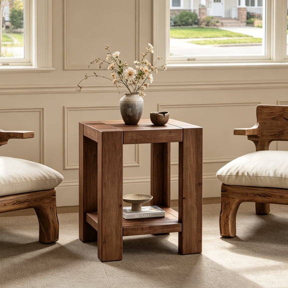 Fnova Farmhouse 2-Tier Solid Wood Square Side Table with Storage Shelf, Accent End Table, Nightstand for Living Room, Bedroom, Home Office, Rustic Brown