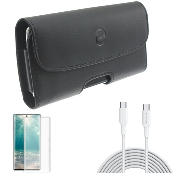 Screen Protector & 10ft Long Type-C Cable & Case Belt Clip for Samsung Galaxy Note 20 (6.7") - Combo with Tempered Glass (Fingerprint Unlock) & Fast Charger Cord PD & Leather Holster