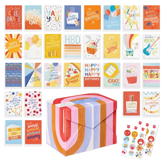 American Greetings 30-Count Birthday Card Assortment Box with Envelopes, Seals, and Storage Box (Kathy Davis Designs, Cake)