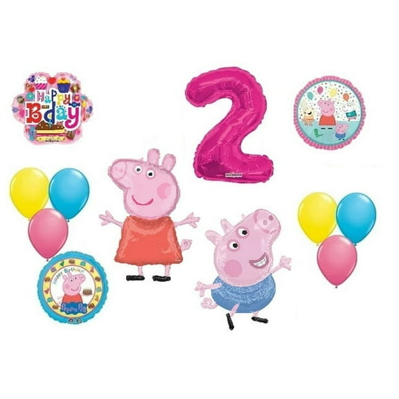 Peppa the Pig and George 2nd Happy Birthday Flower Cake 12 Piece Party Balloons Set Bouquet