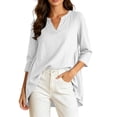 thumbnail image 2 of Qzwdhjm Womens 3/4 Sleeve Tops Stand V Neck Linen Top with Asymmetric Hem Side Pleated Loose Casual Shirts for Summer Going Out, 2 of 7