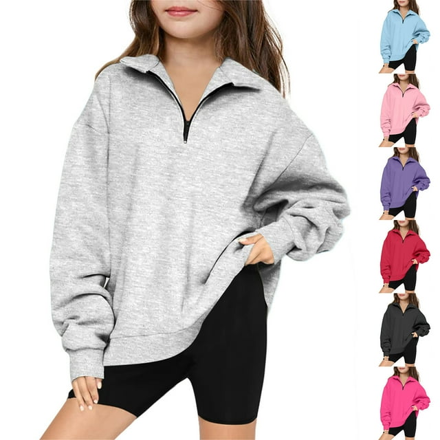 MKOSPLRT Oversized Sweatshirts for Girl Zip Mock Neck Fleece Pullover Tops Long Sleeve Drop Shoulder Solid Sweat Shirts