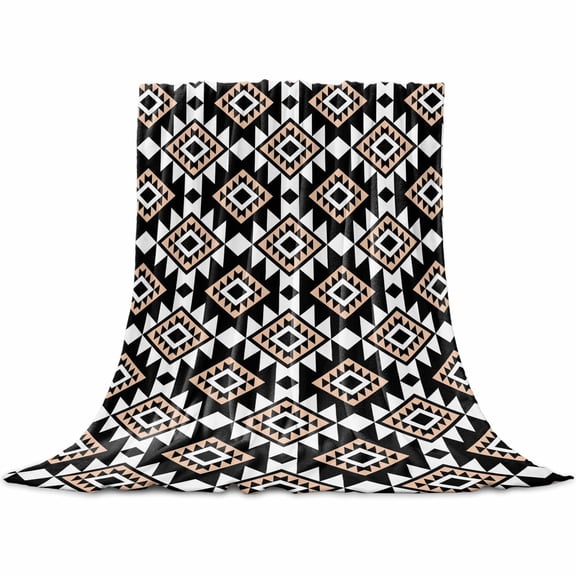 Black Brown Boho Geometric Flannel Blanket for Bed, Southwest Aztec Motifs Soft Cozy Warm Couch Throw Blanket, Lightweight Fluffy Plush Bedding Blankets for Sofa Decor All Season 60"x80"