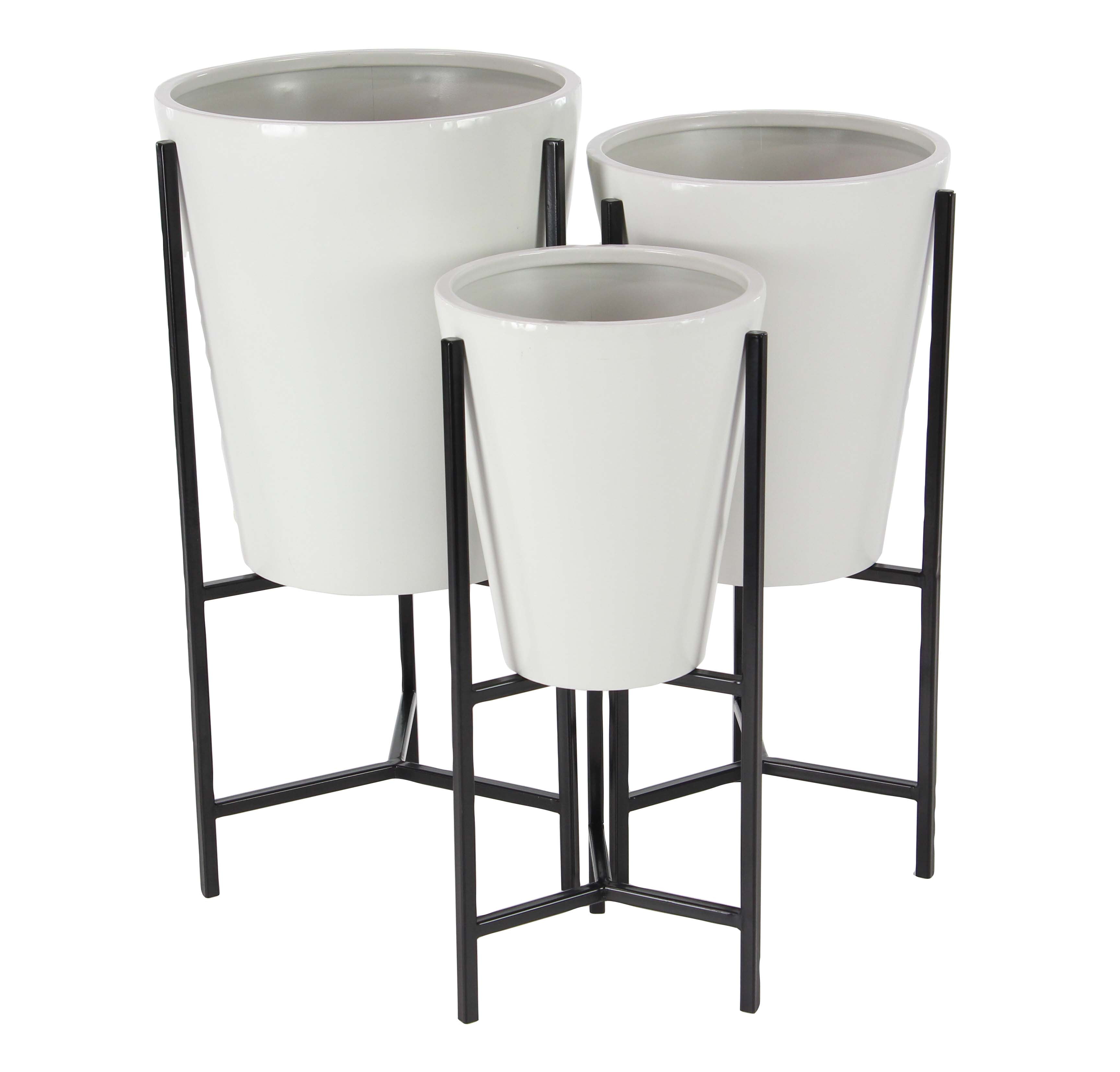 Decmode Set of 3 Modern Iron Conical White and Black Planters With Stand, White by DecMode
