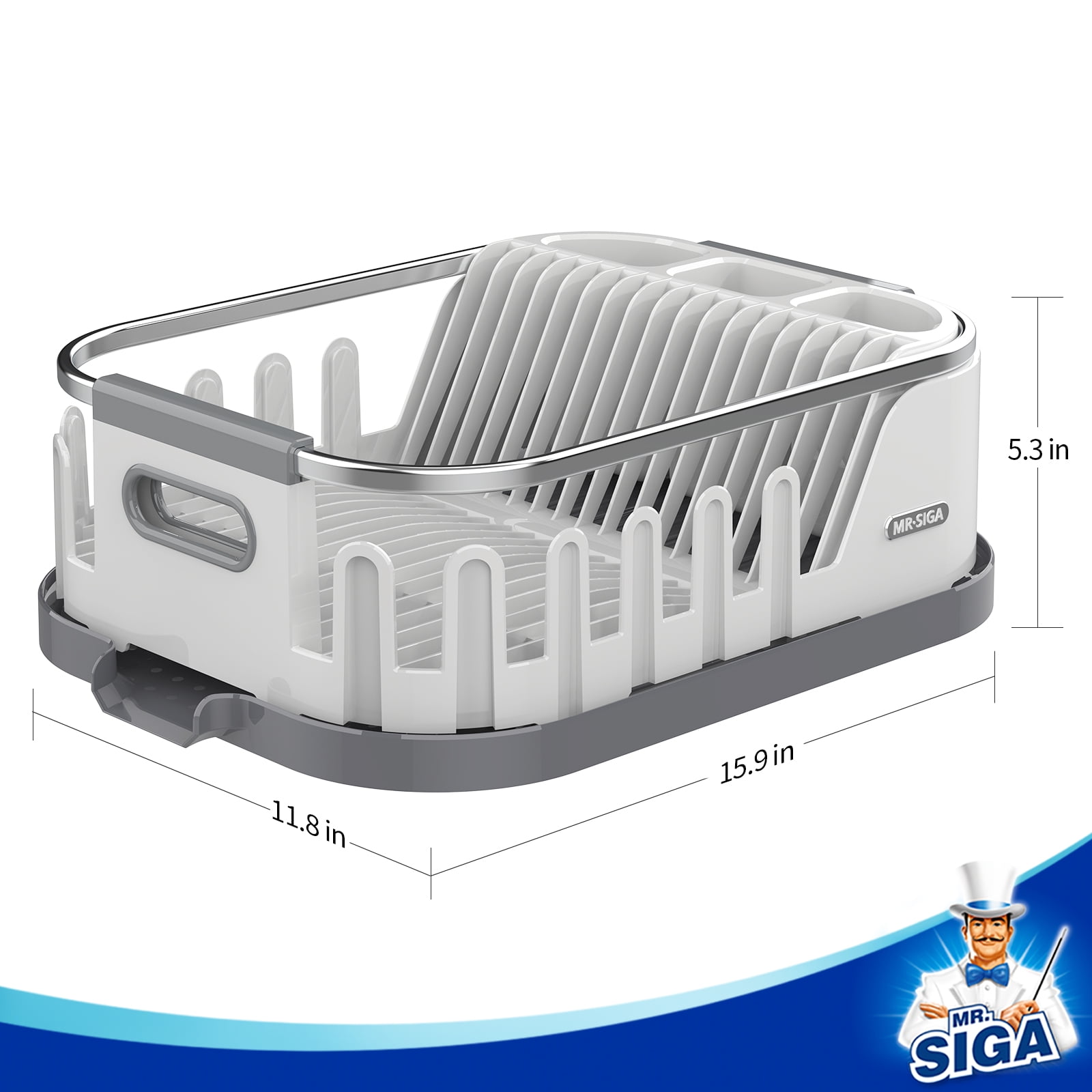 MR.Siga Dish Drying Rack for Kitchen Counter, Compact Dish Drainer with  Drainboard, Utensil Holder and Cup Rack, Grey