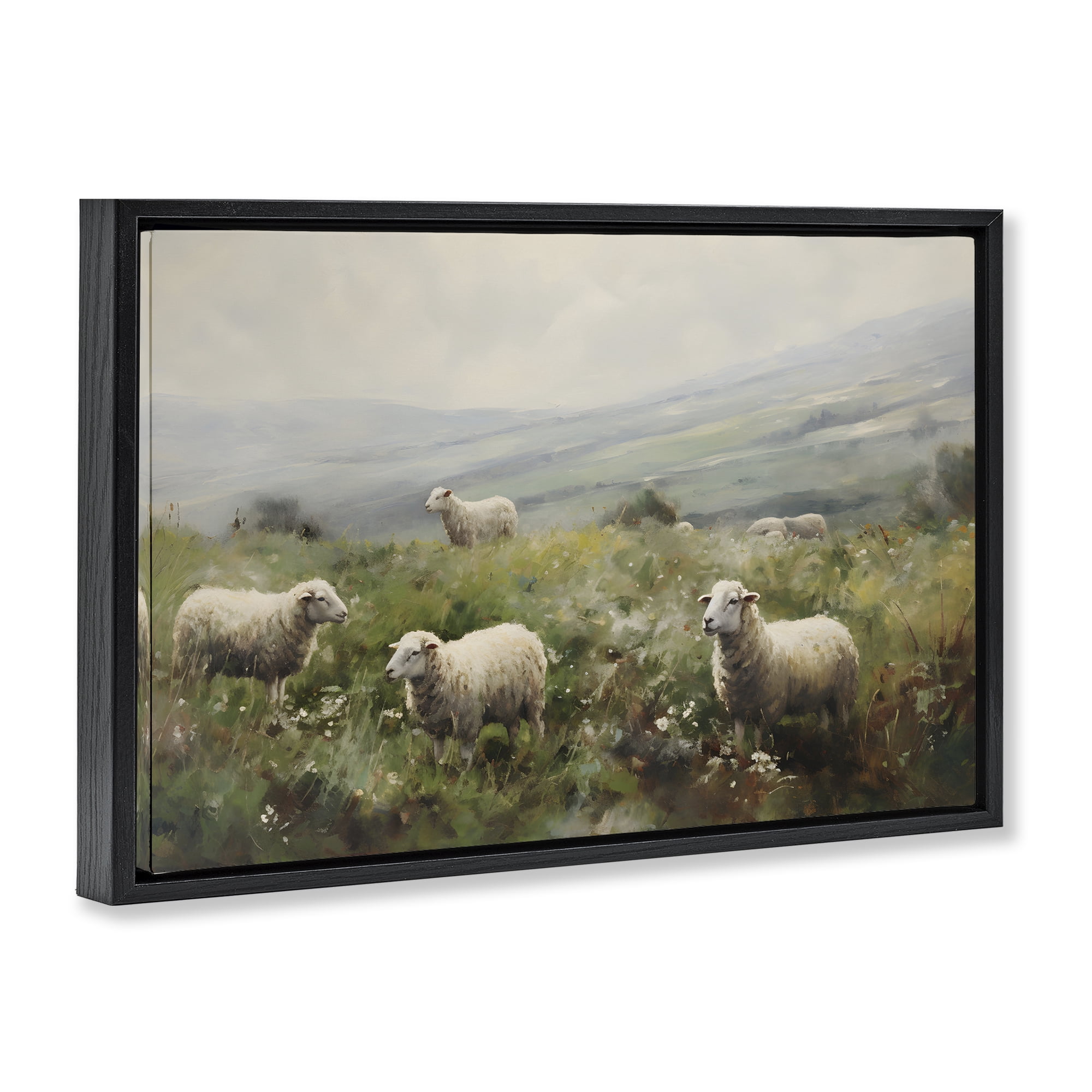 Stupell Industries Misty Sheep Pasture Landscape & Nature Painting Black Floater Framed Canvas Art Print Wall Art, 25 x 17