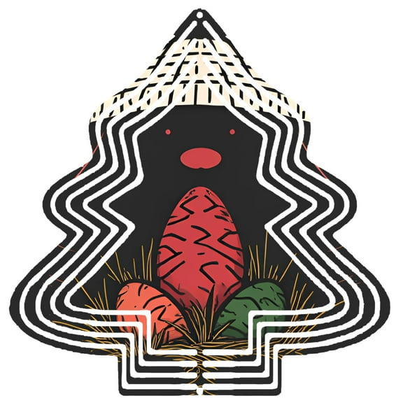 Whimsical Metal Hanging Christmas Tree Wind Spinner - Abstract Penguin Design with Colorful Eggs Perfect for Garden Decor