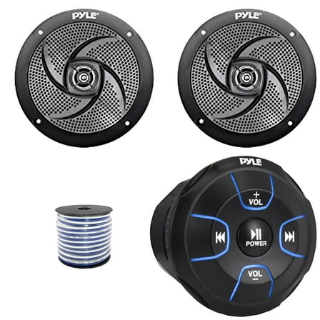 Pyle PLMRBT18 Bluetooth Audio Amplified Marine Waterproof Controller, Pyle PLMRS5B 5.25" 180 Watts Max Power 2-Way Low Profile Slim Style Boat Audio Black Speakers (1 Pair), 50 Feet 18G Speaker Wire