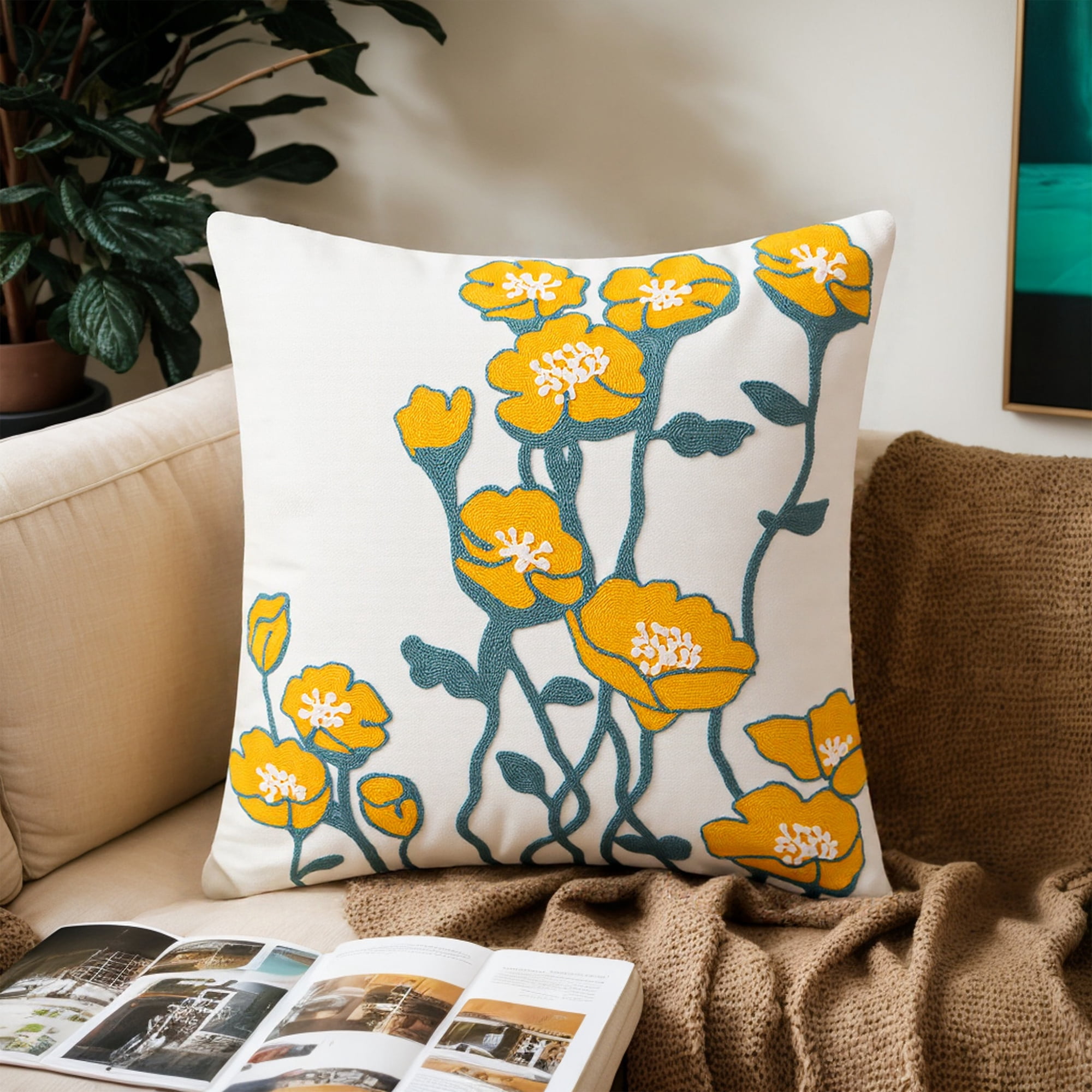 REGALWOVEN Floral Embroidered Decorative Throw Pillow Covers Set of 2, Farmhouse Flower Pattern Flower-5 18" x 18"