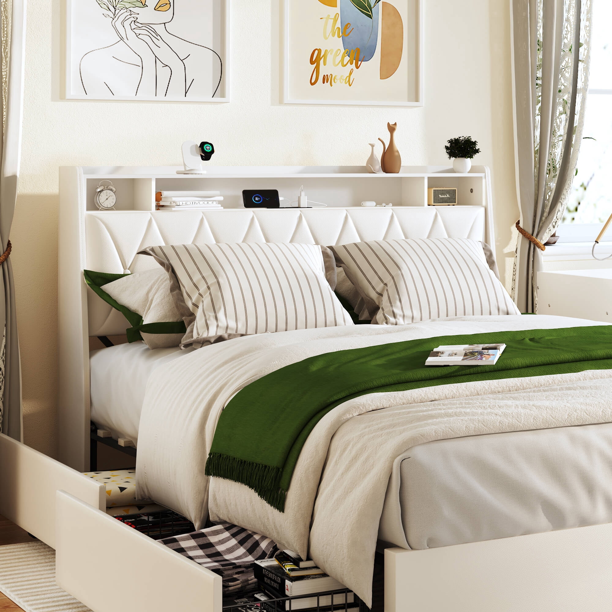 Nathaniel Home Full Platform Bed Frame Ergonomic Full Size Headboard Storage Shelf Outlets and Charger