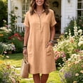 thumbnail image 3 of Fesfesfes Summer Casual Collared Button Down Dress,Women's Short Sleeve Loose Fit Shirt Dress,Washed Wrinkled Dress with Side Pockets, Relaxed Fit Daily Wear Beach Dress, 3 of 7