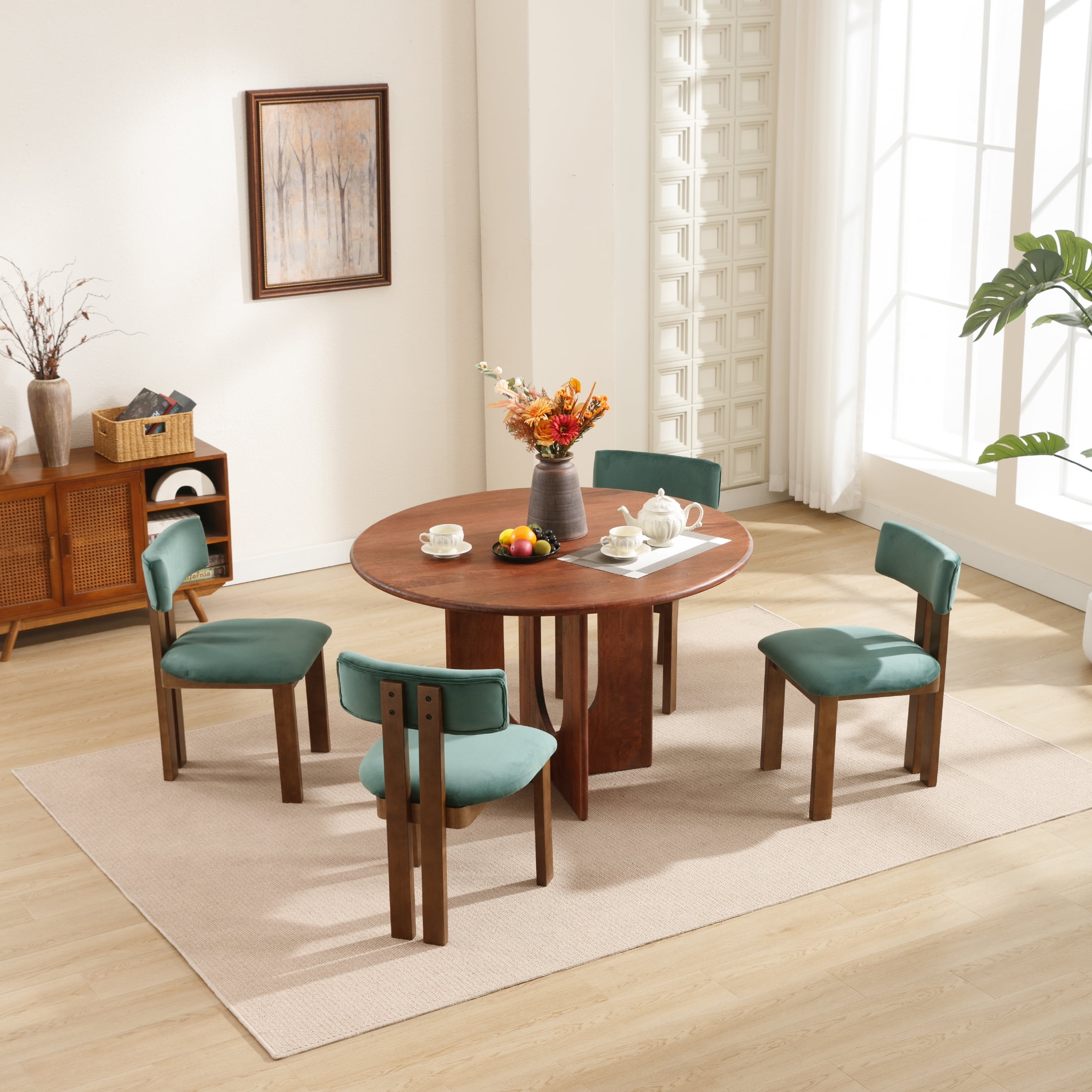 Guyou Wooden Dining Chairs Set of 2, Mid Century Modern Velvet Upholstered Dining Side Chairs, Farmhouse Kitchen Chairs with Curved Back for Kitchen Dining Room Living Room, Green