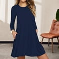 thumbnail image 3 of Fall Spring Dress Round Neck A-line Pockets Loose Big Hem Long Sleeves Mini Dress Pure Color Casual Dating Shopping Short Dress, 3 of 8
