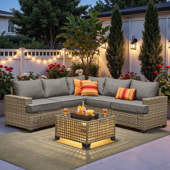 Ovios 6-Piece Outdoor Patio Furniture Set with Solar-Powered Lighted Coffee Table, All-Weather Wicker L-Shaped Sectional Sofa, Dark Gray