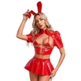 thumbnail image 4 of Minifalda con volantes y sujetador triangular con cordones de conejita de charol para mujer, diadema con orejas de conejo, disfraz sexy de cosplay, 4 of 5