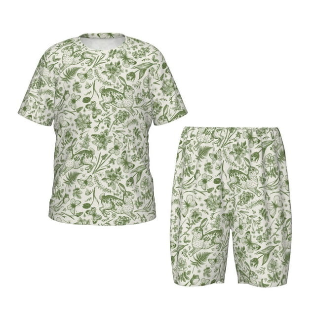 Bingfone Green Rabbit for Children's Round Neck Pajamas Set, Short-sleeved Pajamas with Elastic Waist and Shorts Two-piece Set, Suitable for Boys and Girls Home Wear-XX-Large