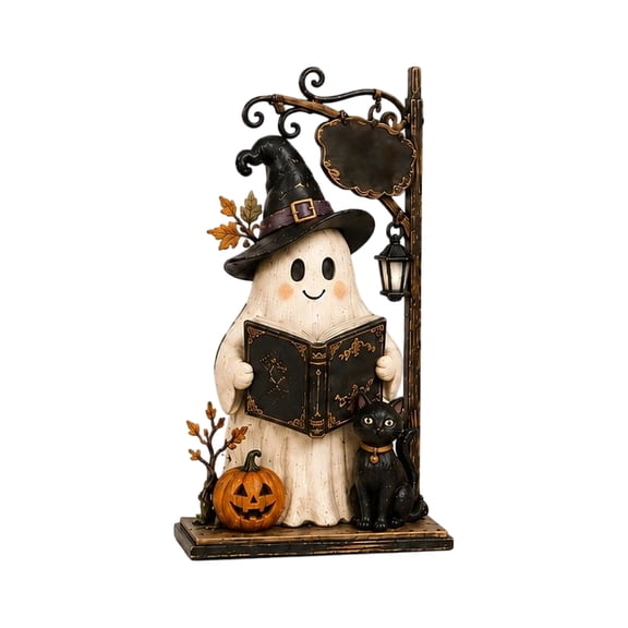 Layered Halloween Haunted House & Character Figurine Collection, Lighted Halloween Village Scene Decoration with Ghost Pumpkin Witch LED Lights, Tabletop Home Decor for Mantel Shelf Party Display