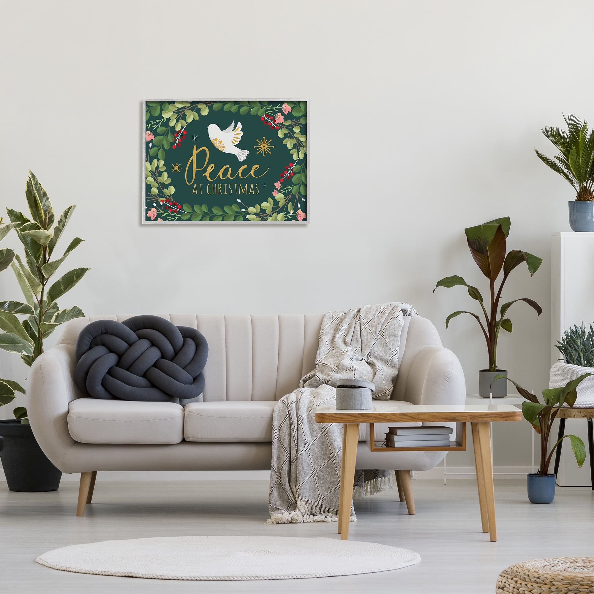 Stupell Industries Peace at Christmas Phrase White Dove Holiday Holly Botanical & Floral Painting Gray Framed Art Print Wall Art, 24 x 30