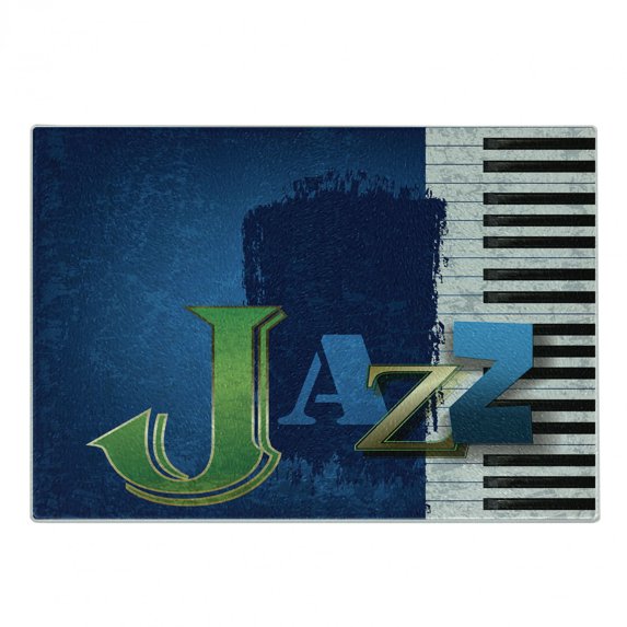 Jazz Music Cutting Board, Abstract Cracked Background Piano Keys Themed Print Rhytym Image, Decorative Tempered Glass Cutting and Serving Board, Small Size, Navy Green White, by Ambesonne